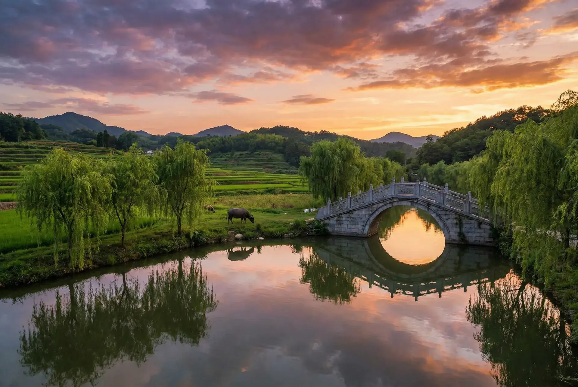 夕阳下的石拱桥与垂柳，水牛在河边吃草 - maxmazo 乡村美景